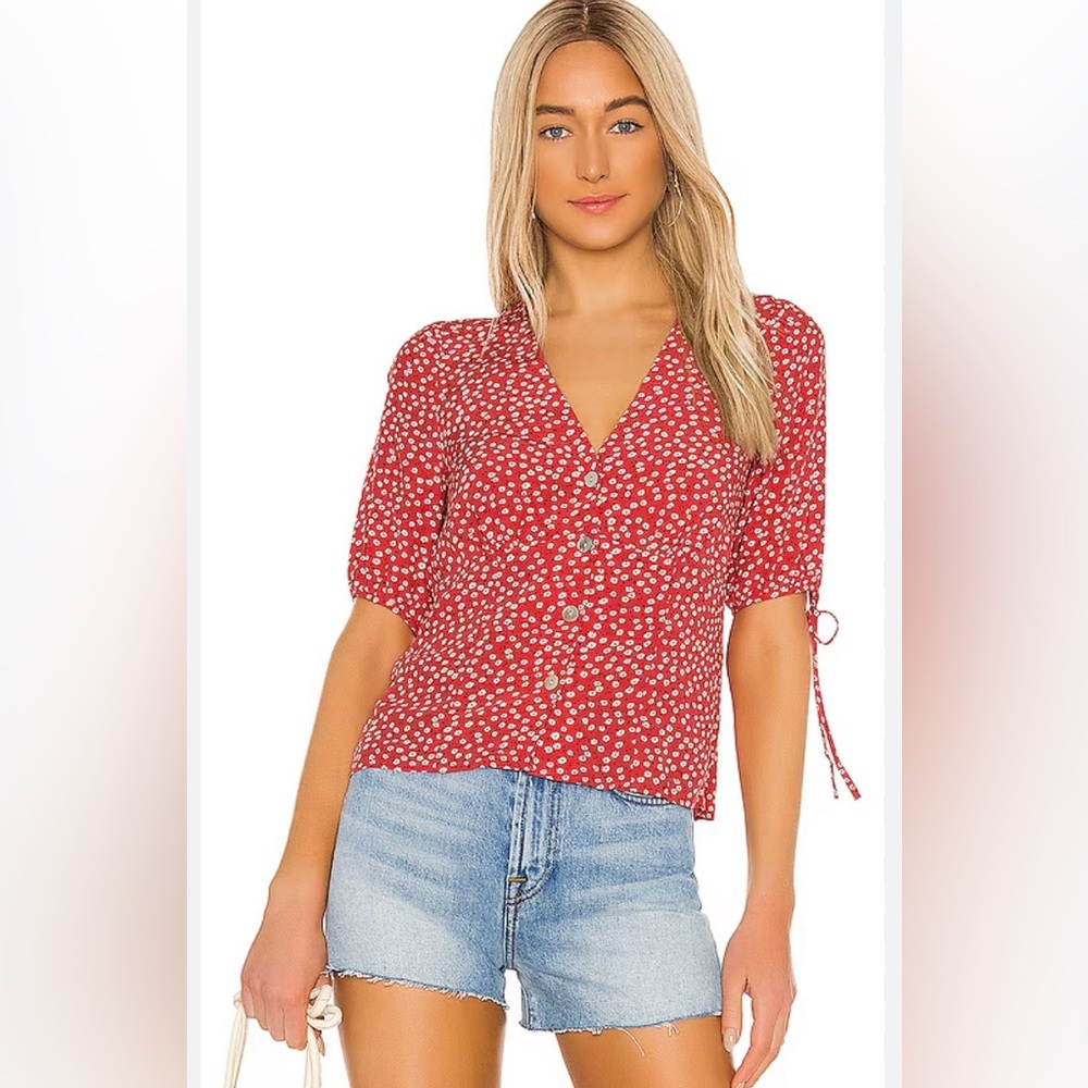 Rails Red Floral Button-Front V-Neck Blouse